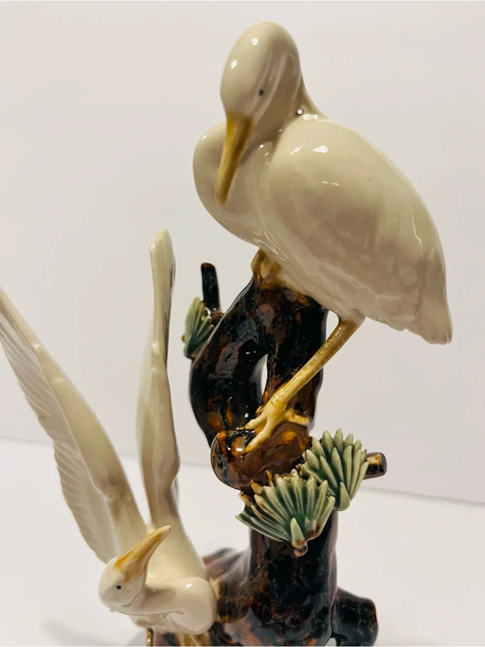 Antique Chinese Glazed Porcelain Figurine With 2 Cranes on Tree 9.25”